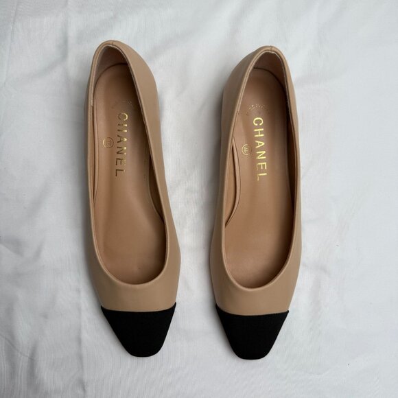 Designer Inspired Beige & Black Cap Toe Ballerina Flats Size 40 (US 9) old money - Picture 3 of 12